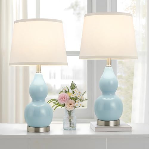 22" Table Lamp Set of 2, Color Temperature Adjustable Double Gourd Ceramic Lamps Classic Nightstand Table Lamps for Bedroom Beside Lamps for Living Room, Sky Blue-Bulbs Included - color: 22.63" Blue Gourd