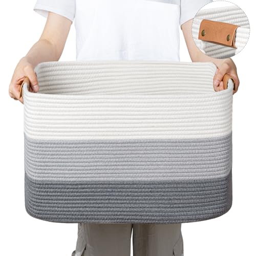 Rectangle Blanket Storage Basket, 50L Large Decorative Basket Living Room, Storage Bin with Handle, Woven Rope Hamper for Toy Organizing & Laundry, 18.11’’*14.17’’*11.81’’ Gradient Grey - color: Gradient Grey, size: 50L