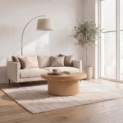 33.5" Round Coffee Table with Real Wood Parquet Top,Natural | Mid-Century Modern Tea Table Center Table, Thickened Tabletop, Sturdy Base for living Room, Easy Assembly - color: E-33.5" Natural
