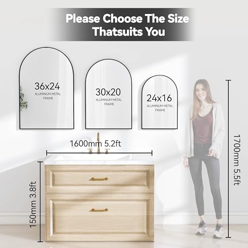 SCWF-GZ 36x24 Arch Mirror Rectangle Full Length Wall Mounted Hanging or Against Wall Metal Aluminium Alloy Frame Dressing Make-up Mirrors for Entryway Bedroom Bathroom Living Room 36 24 inch Black | HD Crystal Clear No distortion Tempered Glass,Make-Up Va