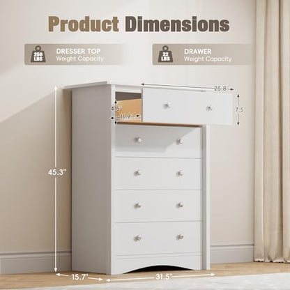 Furmax Tall Dresser for Bedroom, 5 Drawer Dresser, Chest of Drawers, Organizer Drawers, for Hallway Entryway (White) - color: White
