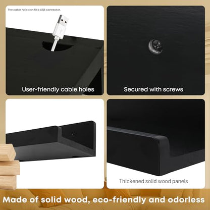 Floating Wall Shelves Set of 2, 12-Inch Solid Wood Shelves with Cable Holes, Small Display Shelf for Router, Webcam, Smart Speaker, Camera – Black - color: Black, size: 12 Inch-2 Pcs