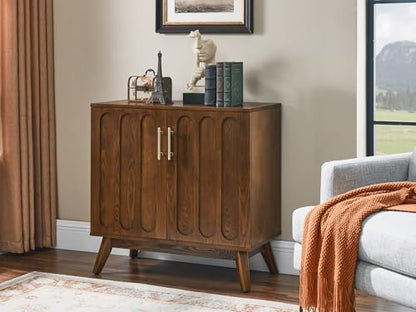 Small Sideboard Buffet,Mid Century Modern Storage Cabinet with Doors | Real Wood Veneer Credenza Storage Cabinet,Living Room Accent Cabinet,Small Walnut Sideboard Buffet,Boho Bar Cabinet - color: Walnut