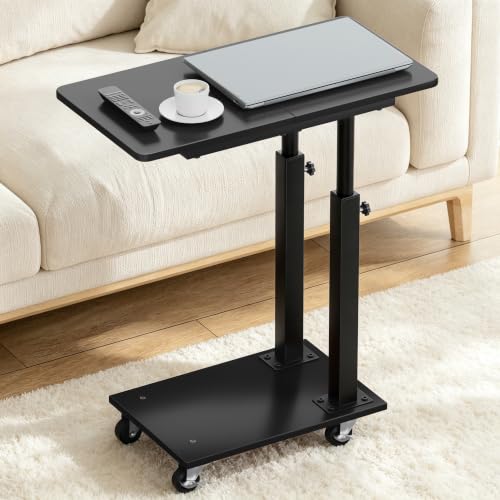 AOODA 22''W TV Tray Table with Wheels Adjustable Height, C Shaped End Tables Living Room, Rolling Couch Side Table with Storage for Sofa, Bed, Recliner (Pure Black) - color: Pure Black