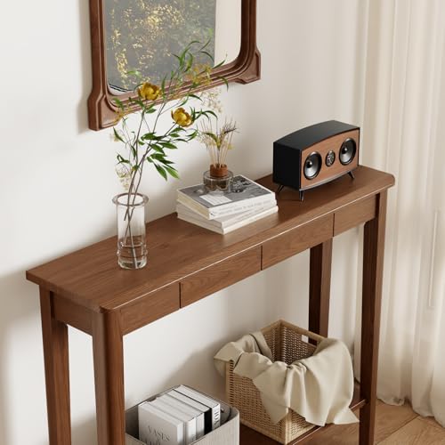 AQIMUELE Wood Console Table with Drawers, Walnut - color: Walnut