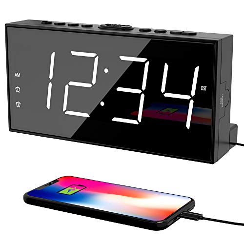 Digital Alarm Clocks for Bedrooms, Dual Alarms, 7.5-Inch Large Display | Big LED Numbers, Bedside Clock with Volume Control for Heavy Sleeper, 5-Level Dimmer, Easy Setup, USB Charger, Plug-In Clock - color: White, size: With Basic Digits