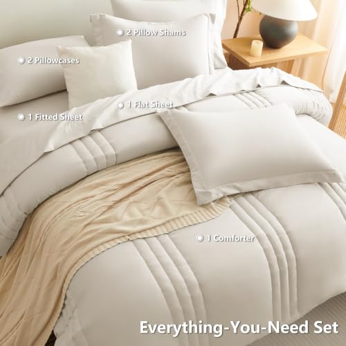 Super King Plus Comforter Set Beige - Oversized 128x120 Bed Set | Maximum King-Bed Coverage, 240GSM Down-Alternative Fill, 14" Deep-Pocket Sheets, Shams & Pillowcases, Lightweight - color: Beige, size: Super King Plus