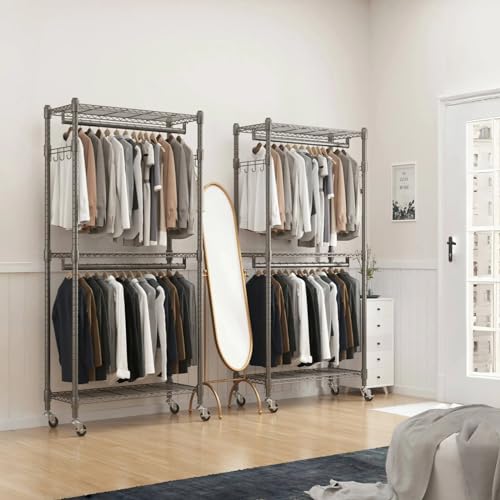 BATHWA Clothes Rack Rolling Narrow 2 tier Garment Rack for Hanging Clothes， Space Saving Portable Clothing Rack with Wheels and Double Rods 8 Hangers, Adjustable, Gray