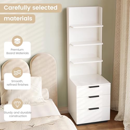 Tall Nightstand with Drawers & Open Shelves, 51.18" Bedside Storage Cabinet, Modern Free-Standing Bedroom End Table with Bookcase, Space-Saving, Easy Assembly, White