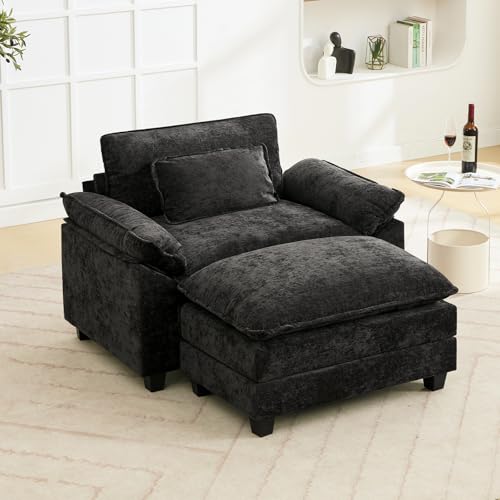 53" Modular Sectional Sofa, Comfy Deep Cloud Couch with Ottoman | Couches for Living Room, Sofa Bed, Modular Couch, Deep and Wide Seat, Chenille Sofa Sleeper with Throw Pillows, Black - color: Black, size: 53 Inch 2