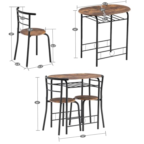 VINGLI 3 Piece Dining Set, Small Kitchen Table Set for 2, Breakfast Table Set, Kitchen Wooden Table with 2 Chairs for Small Space/Dining Room/Apartment, Metal Frame, Wine Rack, Burnt Brown - color: Burnt Brown