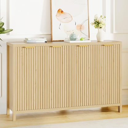 Fluted Buffet Cabinet with Storage, 55" Sideboard Cabinet with 4 Doors, Modern Credenza Accent Console Cabinet Coffee Bar Table for Living Room Dining Room Hallway, Oak - color: Oak