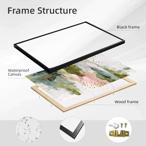 Framed Canvas Wall Art Abstract Green Pink Gold Art Print Modern Aesthetic Poster Paintings Pictures Wall Decor Trendy Artwork for Living Room Bedroom Office Apartment Decor (Framed,24W X36L) - size: 24W"X36L"