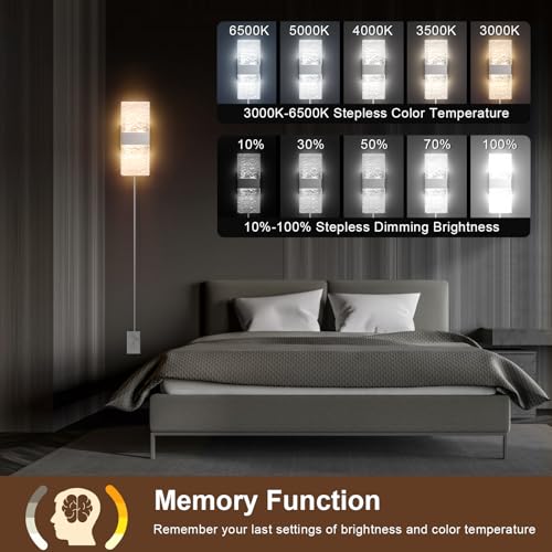 GOODATE Plug in Wall Sconces with Adjustable 3000K-6500K Colors & 10%-100% Brightness, Sconces Wall Decor Set of 2 with Remote Control, 12W Acrylic LED Plug in Wall Light (2 Pack, Corrugated Finish) - size: 2 PACK, Silver1
