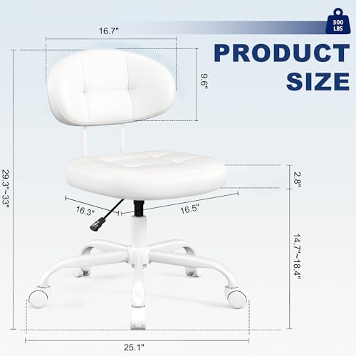 Misolant Vanity Chair with Back, Small Armless Cute office Chair with wheels and Lumbar support, Comfy PU Leather Desk Computer Chairs with Adjustable Height, 360°Swivel for Home Bedroom Office, White - color: White