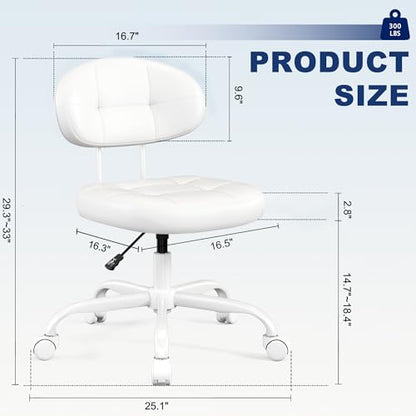 Misolant Vanity Chair with Back, Small Armless Cute office Chair with wheels and Lumbar support, Comfy PU Leather Desk Computer Chairs with Adjustable Height, 360°Swivel for Home Bedroom Office, White - color: White
