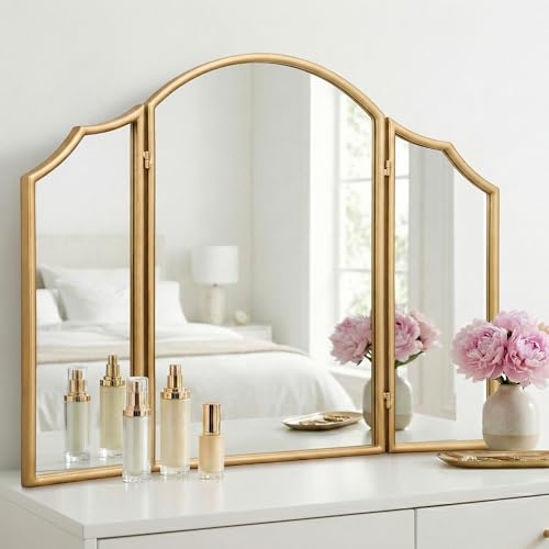 Besdomus Gold Scalloped Vanity Mirror: 36"x24" Three Sided Dresser Miror | Modern Minimalist Wood Frame Arched 3 Way Trifold Mirror for Bedroom/Cloakroom/Dressing Room/Wall - Home Decor for Housewife - color: Gold Leaf, size: 24"L x 36"W