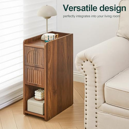 Narrow Nightstand Set of 2, Wooden Small 2 Drawer Nightstand, Slim Side End Table, Skinny Bedside Table, Mid Century Modern Night Stand with Drawers for Bedroom (Deep Walnut-2 pcs) - color: Deep Walnut-2 Pcs