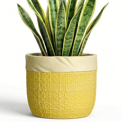 8 Inch Pots for Plants, Ceramic Planter, Round Planter, Yellow | Boho Flower Pot with Drainage Hole, Decorative Plant Pots for Indoor Plants, Home Room Decor, House Warming Gifts New Home - color: Yellow, size: 8 Inch