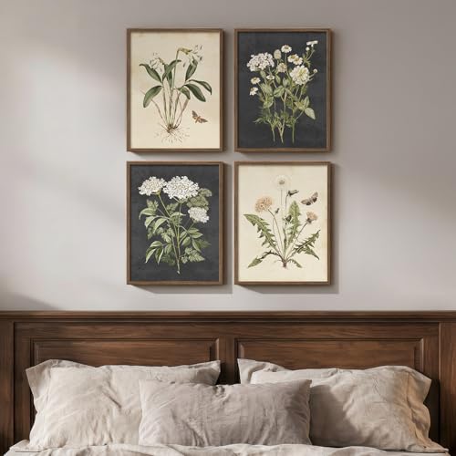 Framed Vintage Botanical Floral Wall Art for Bedroom, 4 Piece 11x14 In | Farmhouse wall decor, Flower pictures, Rustic retro paintings, Ready to hang canvas prints, Kitchen bedroom living room decor - color: Vintage - Walnut Framed, size: 11" W x 14" H x