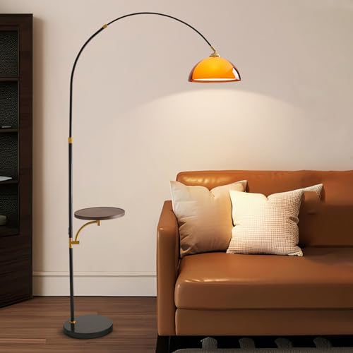 Arc Floor Lamp with Wood Tray,Over Couch Lamp,2-Tier Arcylic Shade | Adjustable Lighting Direction,Mid Century Modern Style,Stable Metal Base,Handy Storage,for Living Room Bedroom Office - color: Desk