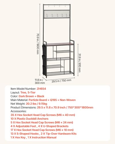 VEVOR Hall Tree, 70.9 in Coat Rack with Shoe Storage, Freestanding 4-Tier Shoe Rack Organizer with Hooks, Side Pocket and Wire Shelf, Steel Frame Entrance Coat Holder for Entryway, Bedroom, Closet - size: High Shoe Rack