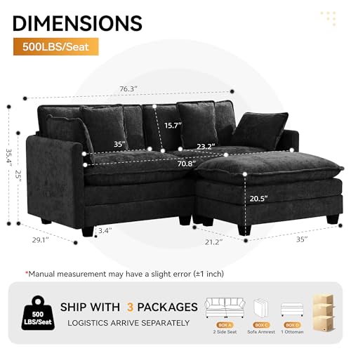 76'' Cloud Deep Seat Loveseat Sofa, Upholstered Chenille Modular 2-Seats Sectional Sofa Couch with Movable Ottoman, Modern Comfy Settee Loveseat for Living Room Set, Small Apartment, Dark Grey - color: Dark Grey, size: 76'' L Shape