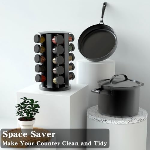 Rotating Spice Rack Organizer for Cabinet, Spice Racks Storage with 20 Jars, Spinning Spice rack for Kitchen Countertop, Spice Holder,Seasoing Storage Racks, Black - color: Black