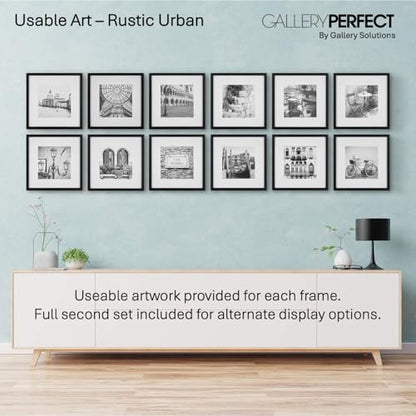 Gallery Perfect 12-Piece Black Photo Frame Set with Hanging Template - 12x12 Picture Frame Matted to 8x8 - Gallery Wall Kit - color: Black