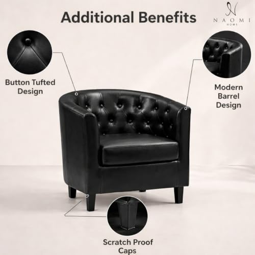 Naomi Home Emma Faux Leather Tufted Barrel Accent Chair - Black | Solid wood frame, sturdy legs and easy-clean faux leather create lasting comfort for living room, bedroom or office. - color: Black, style: Barrel