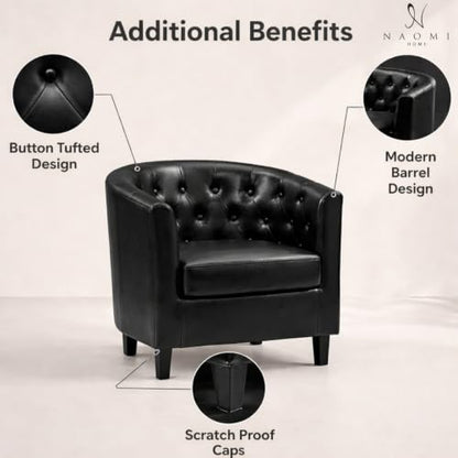 Naomi Home Emma Faux Leather Tufted Barrel Accent Chair - Black | Solid wood frame, sturdy legs and easy-clean faux leather create lasting comfort for living room, bedroom or office. - color: Black, style: Barrel