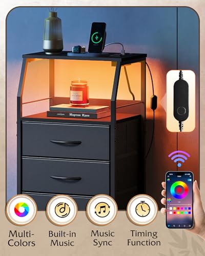 WLIVE LED Nightstand with Charging Station, Fabric Dresser with 5 Drawers for Bedroom, Tall Night Stand with Open Shelves, Bed Side Tables Living Room, Black - color: Black, size: 5 Drawers