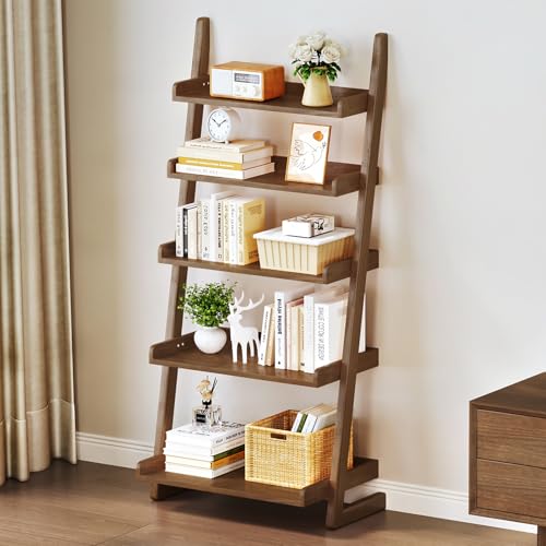 Uniclinens Walnut Wooden Ladder Shelf, 5-Tier Ladder Shelf Bookcase, Ladder Bookshelf for Compact Spaces, Solid Wood Bookshelf for Living Room, Bedroom, Home Office,(23.6''Dx15.7''Wx55.1''H) - color: Walnut