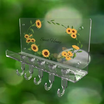 Wall Key Holder for Wall with 5 Hooks, Clear Acrylic Sunflower Design for Mail and Coats, Multi-Purpose Wall Mounted Organizer Shelf, Home Room Wall Decor, Easy to Install