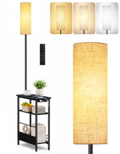 Floor Lamp with Table & Remote, Narrow Side Table with Lamp & Charging Station, Skinny End Table for Small Spaces, 3 Color Temperatures, Stepless Dimming, for Bedroom, Living Room(Black) - color: Black (Narrow)