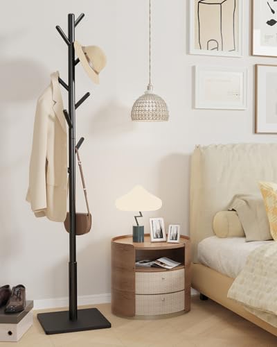 Yawinhe Wooden Coat Rack Freestanding,Hall Tree with 8 Hooks,Black | 3 Adjustable Heights Coat Standing Tree; Sturdy Clothes Stand with Square Base; Coat Tree for Entryway, Hallway - color: Black