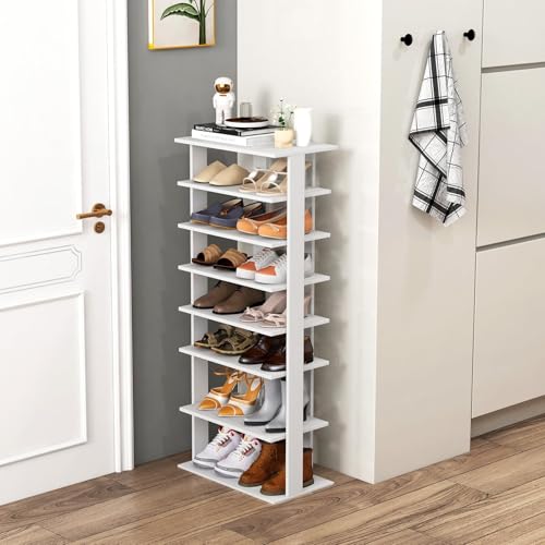 7 Tiers Vertical Shoe Rack, Wooden Slim Shoe Storage Shelf, Narrow Shoe Stand Tower for Boots, Space Saving Shoe Organizer for Closet, Entryway, Front Door (Large, White) - color: White, size: Large
