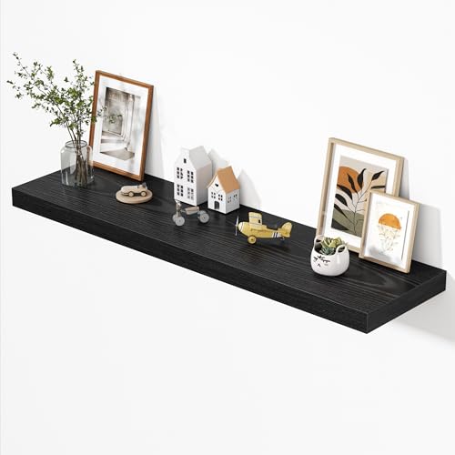 Dreamland 55" Floating Shelves for Wall, 12" Deep Thicker Black Floating Shelves, Wall-Mounted Shelves for Bedroom, Living Room, Kitchen, Bathroom - Set of 1 - color: Black, size: 55"W x 12"D x 2"H, Set of 1
