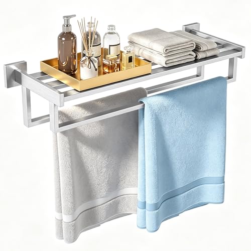 STWWO Double Towel Racks for Bathroom Wall Mounted, 24 Inch, Brushed Nickel | Double Towel Bar with Shelf, Dual Towel Rack with Shelf, Stainless Steel Hand Towel Hanger, Bath Towel Holder for Wall - color: Brushed Nickel