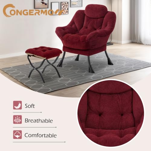 Lazy Chair with Folding Ottoman,Leisure Sofa Chair,Soft Fabric Armchair with Armrests and Side Pockets, Reading Chair with Footrest for Living Room, Bedroom, Office (Plush Red) - color: Plush Red