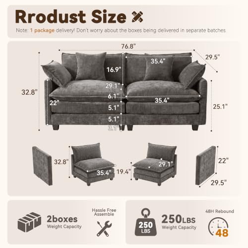 77" Loveseat Sofa Storage Armrest,Chenille Small Couch with 3 Layer Cushion | Grey, 4 Washable Pillows, 29" Deep Seat, for Living Room Apartment Small Space - color: Grey, size: 77"
