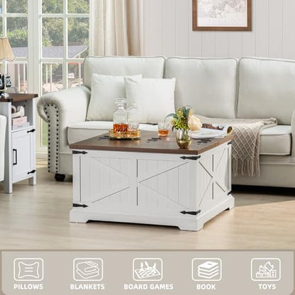Joaxswe Farmhouse Coffee Table with Large Hidden Storage Compartment, Antique White Square Center Table, Wood Rustic Low Modern Living Room Tables with Hinged Lift Brown Top & Wooden Arc Base - color: White, style: With Base