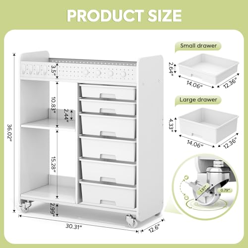 Rolling Craft Cart with 6 Drawers, Pegboard and Locking Wheels White | Ample multi-zone storage, 2 open shelves, art cart for classrooms, homeschool and offices, sturdy wood-metal frame - color: White