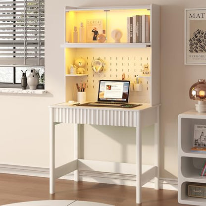 Lvifur 31.5" LEDStudy Desk with Drawer,Hutch,Reading Lights | Computer Desk with Charging Station,2 Drawer,Compact Writing Desks,Home Office Desks for Bedroom,White - color: White-a