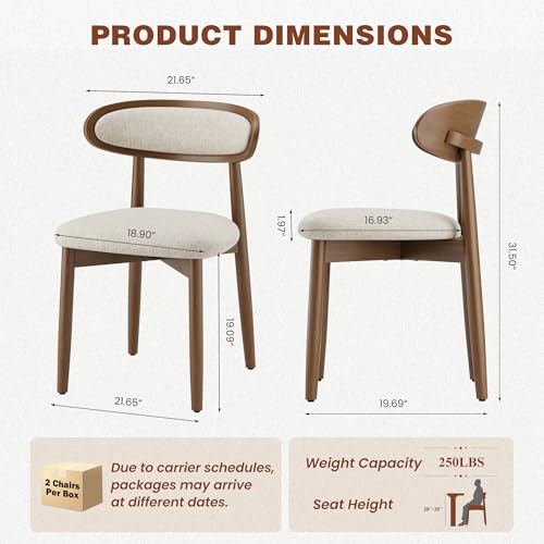 Dining Chairs Set of 6, Upholstered Dining Room Chairs with Solid Wood Legs | Mid Century Modern Dining Chairs, Fabric Kitchen Chairs with Ergonomic Curved Backrest for Dining Room, Vanity, Beige - color: Beige, size: Set of 6