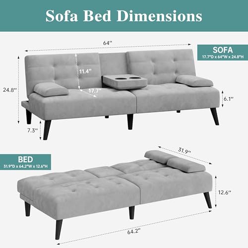 64" Futon Sofa Bed, Convertible Loveseat with 2 Cup Holders, Small Couch with 3 Adjustable Angles & Removable Armrest, Light Grey - color: Light Grey