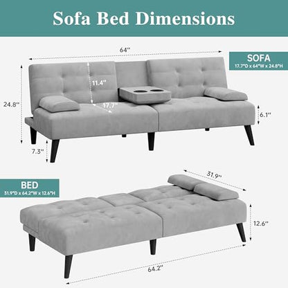 64" Futon Sofa Bed, Convertible Loveseat with 2 Cup Holders, Small Couch with 3 Adjustable Angles & Removable Armrest, Light Grey - color: Light Grey