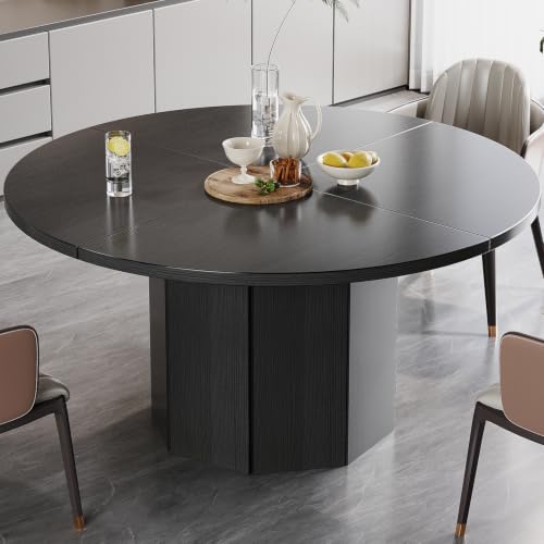 HSH 47 Inch Black Round Dining Table, Modern Wood Table for 4-6 People | Industrial Circle Kitchen Table for Home Living Room, Wood and Metal Dining Room Desk with Octagon Base - color: Black Oak