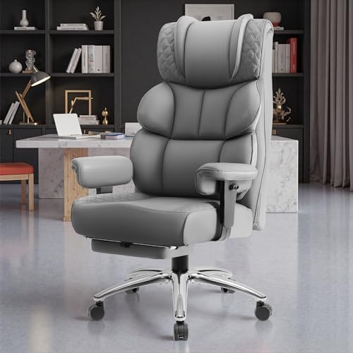 BestGlory Office Desk Chair, Big and Tall Leather Gaming Chair with Footrest, Wide Ergonomic Comfy Executive High-Back Reclining Computer Chairs, Swivel Rolling Wheels and Padded Lumbar Support, Gray - color: Grey, style: 3 Position Reclining