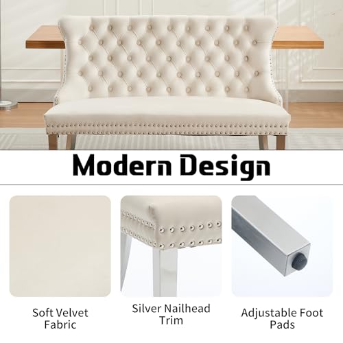Beige Velvet Dining Bench with Back, Tufted Banquette Seating, Silver Legs | Upholstered loveseat bench; tufted back; nailhead trim; 500 lb capacity; foam and spring seat; dining room or entryway - color: Beige(silver Stainless Steel Legs)